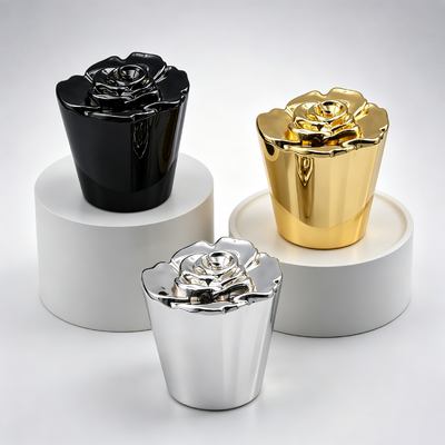 FEA15 锌合金香水盖 3D玫瑰花顶锥形杯身电镀金属香水瓶盖定制Logo OEM ODM Zamac香水盖